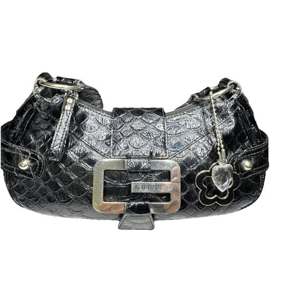 Guess Y2K black croc-embossed patent leather shoulder bag/mini purse - Picture 5 of 13
